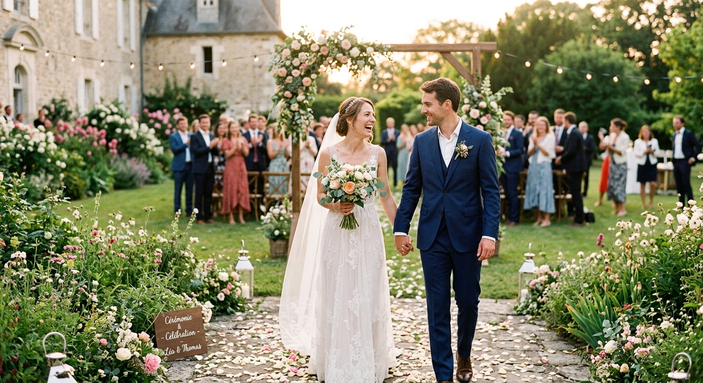Couple lors d'un mariage en extérieur